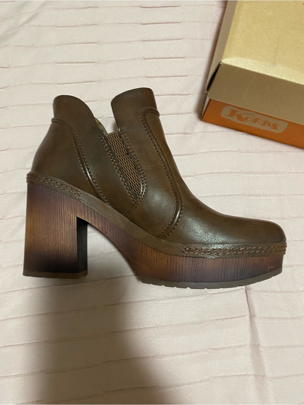 Kork-Ease Brown Leather Platform Block Heel Ankle Boot
